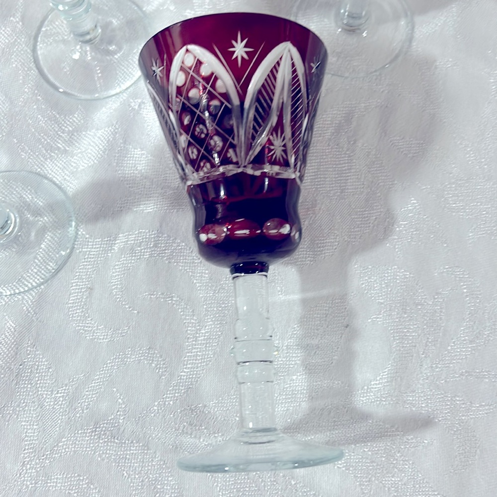 Six Vintage 6 ounce Jewel Cut Bohemian Blood Red Crystal Cordial Glasses. Lovely - Picture 7 of 8